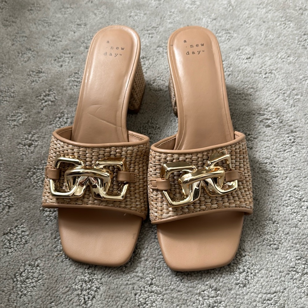 a new day Tan Woven Block Heel Slide Sandals with Gold Chain